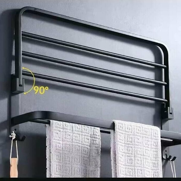 Badeværelseshåndklædeholder, Monteret Foldbar Opbevaringshylde, Aluminiumsplads, Vægmonteret Badeværelseshåndklædeholder (40 cm, Sort)