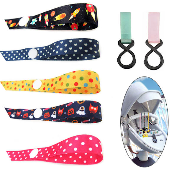 AFASOES Pakke med 5 holderstropper for leker, anti-fall stropp, baby lekehenger, flaskestopper med 2 kroker, smokkestropp, lekeholder, vognhenger