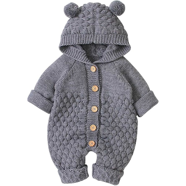 Nyfödd bebis pojke flicka björn öra stickad sparkdräkt jumpsuit huvtröja outfit set (6-12 månader)