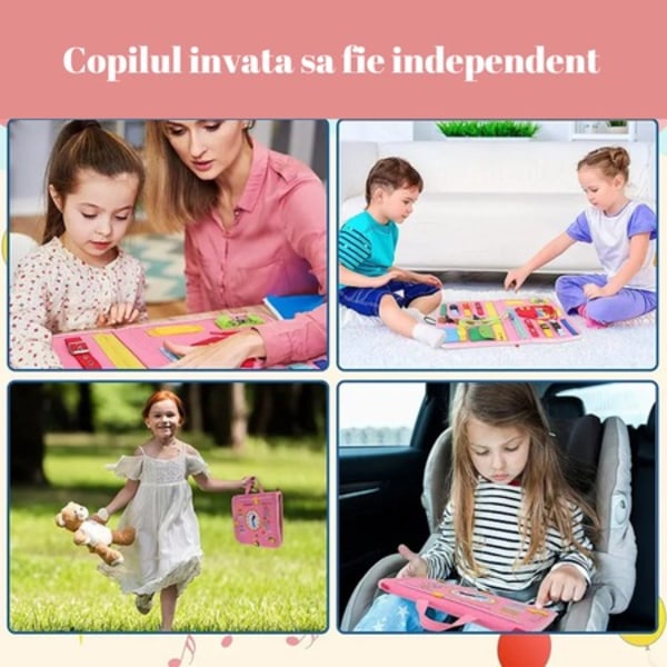 Sensorisk interaktiv leksak, Busy Board textil, Montessori, Väska typ bok, För resor, rosa
