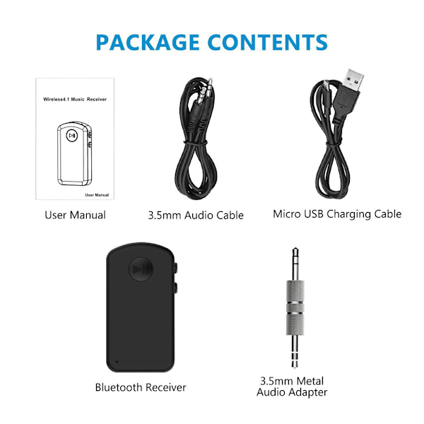 Bluetooth V4.1 aux -sovitin, Audio-vastaanotin autosarja, koti Hi-fi -järjestelmään, kannettava langaton audio-sovitin 3,5 mm Aux handsfree-autoon
