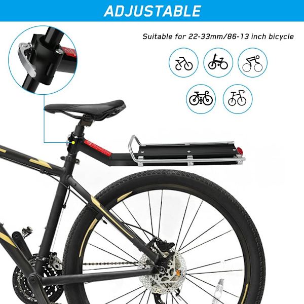 Bagagebærer, Justerbar Universel Bagagebærer bagpå med Reflektor Aluminium Bagagebærer Kapacitet 9kg Cykeltilbehør til