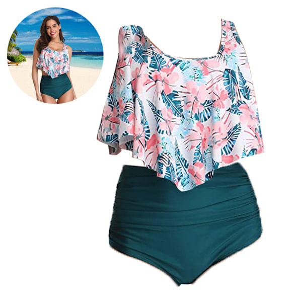 Sommer Blomstrete Bikini med Høyt Liv og Volanger for Kvinner, Magekontroll Badebekledning Flounce Peplum