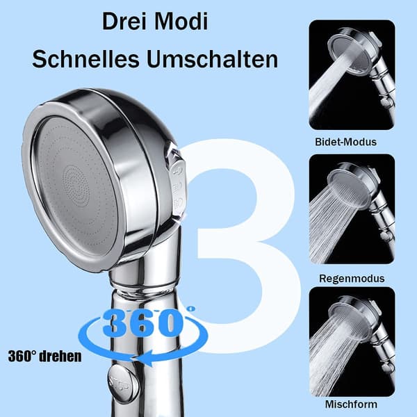 Dusch, högtrycks handdusch med 3 högtrycksmunstycken och vattenavvisande smuts, universell dusch, krompläterad (version med stoppfunktion)