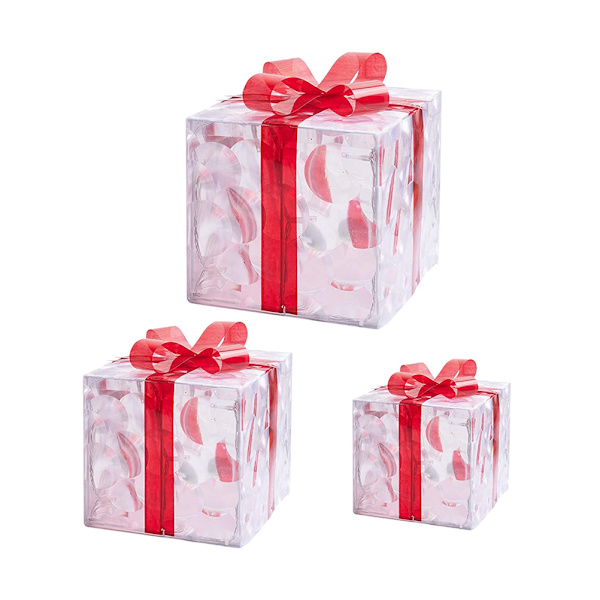 Set med 3 julbelysta presentaskar Dekorationer Transparenta belyste askar med röda rosetter Julgransskjort Ornament Julgran Fest Semester Dekoration