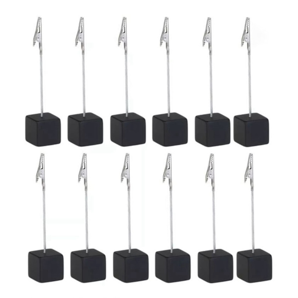 12 stk. Kortholder Terning Fyrretræ Dekorativ Bordnummer Stand Memo Clip Holder til Sengedekoration Sort