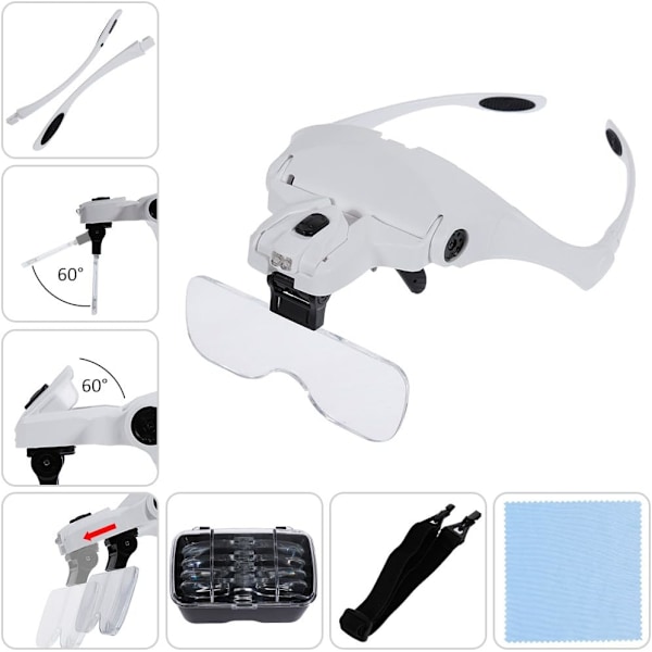 Lupp med 2 LED-lampor 5 linser Luppförstoringsglas 1.0X,1.5X,2.0X,2.5X,3.5X för precisionsarbete, juvelerare,