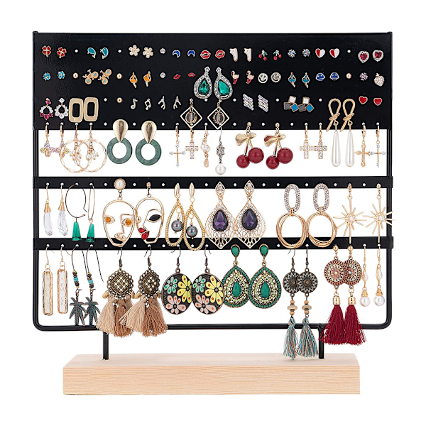 Øreringeholder Display Stativ 3-Tier Ørestik Holder Smykke Organizer Ørestik Øreringeholder 144 Huller med Træbase Stativ Display Stativ til Kvinder