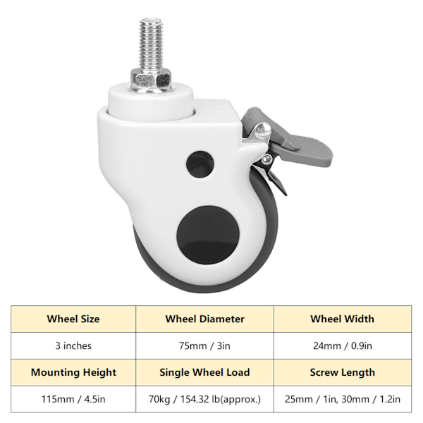 Swivel Casters Wheels Heavy Duty Broms TPR Nylon 154 Lbs 3 Tum Mindre Buller Medicinsk Bord Casters Wheels för Skrivbord