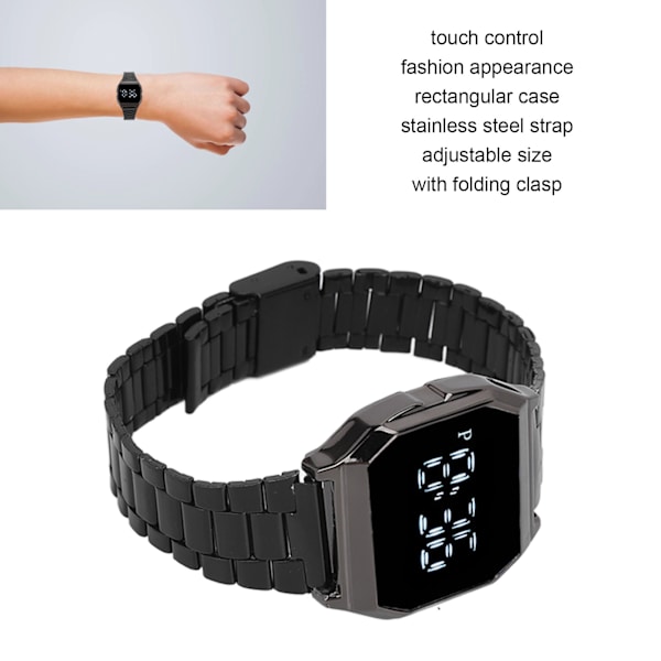 LED-klocka för student Tetragonum Digital Sports Watch med fällbart spänne Alarm Timing Nattljusfunktion för dagligt bruk Svart