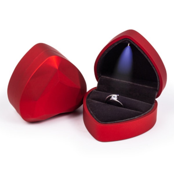 Hjärtformad ringask i sammet, smyckeskrin, örhängen, mynt, smyckespresentationslåda med LED-ljus för frieri och förlovning