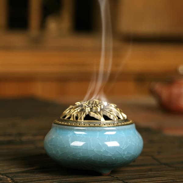 Keramisk røgelsesbrænder, kobberlåg, Buddha, antik legeringstråd, sandeltræsrøgelse, røgelse, røgelse, isknækket ovnskifte