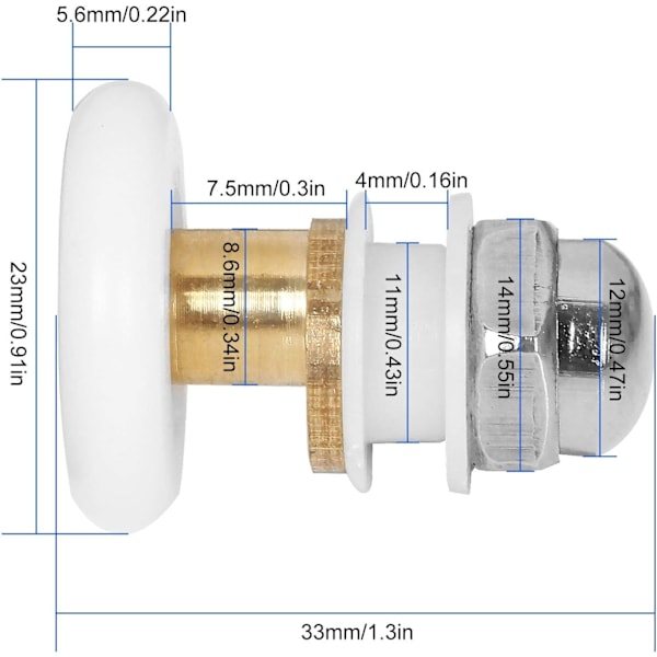 Sæt med 12 Brusekabinehjul, Brusekabinedør Rulle i Messing 23mm - Tykkelse: 6mm