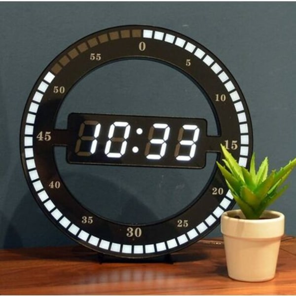 Stille LED Digital Bordur - Sort Elektronisk Vægur - Rundt Skrivebordsur - Til Soveværelse, Stue og Kontor 30cm