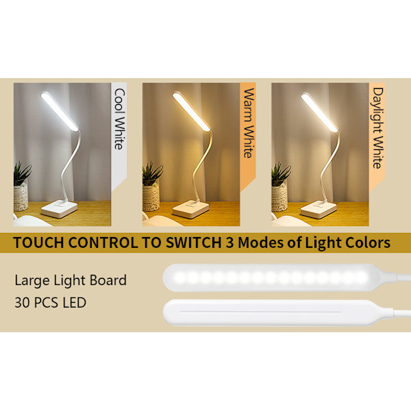 LED Skrivebordslampe Trådløs Oppladbar USB Batteri 2000mah, Berøringsdimmer Intensitet 3 Fargemoduser, Leselampe Tavle Barn Soverom