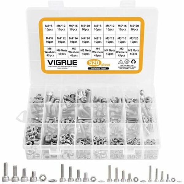Kit 520 stk. M3 M4 M5 M6 Rustfrit Stål Hex Socket Knap Hoved Gevind Bolt Skruer med Møtrikker Sortiment