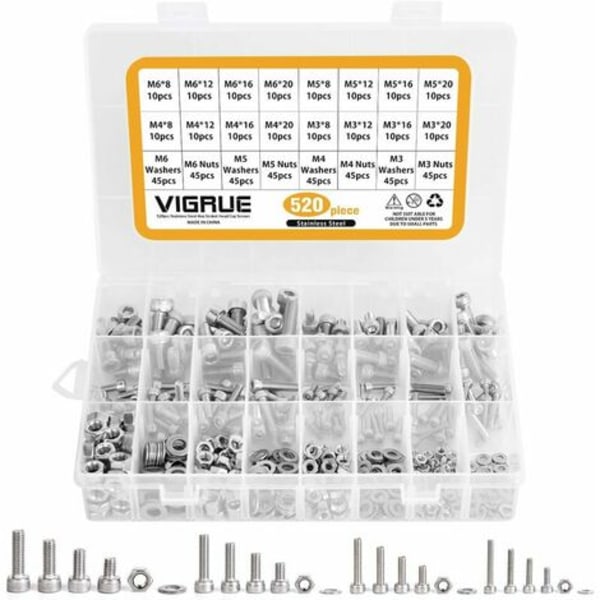 Sett med 520 stk. M3 M4 M5 M6 Rustfritt Stål Sekskant Hylse Knapp Hode Gjenge Bolt Skruer med Muttere Sortiment