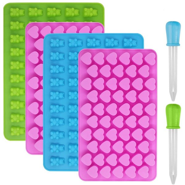 Silikoniset suklaa- ja jääpalamuotit, 4 kpl sydämillä ja karhuilla, 2 pipetillä, hyytelölle, suklaalle, nallekarkeille, makeisille