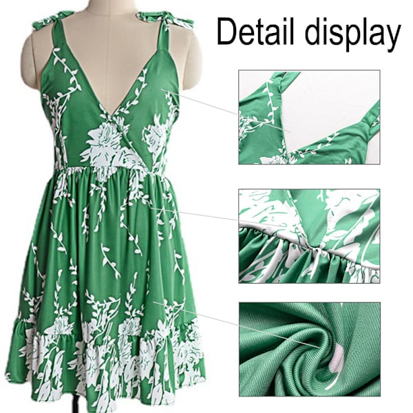 Sommerkjole til kvinder med blomsterprint, wrap-hals, justerbare spaghettistropper, afslappet, med flæser