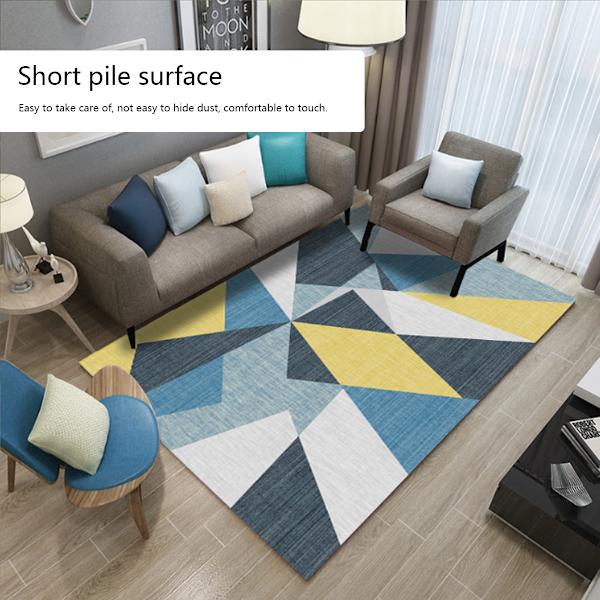 Vardagsrumsmatta Geometriska trianglar Modern gul blå kort lugg halkfri matta Sammetsmatta för barn Låg matta för sovrumssoffa bord Vardagsrumsmatta