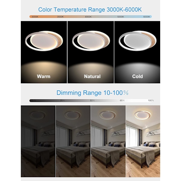 LED-taklampe i tre, 40 CM Taklampe for barnerom Dimbar LED-taklampe med fjernkontroll 3000K-6000K, Rund soveromslampe
