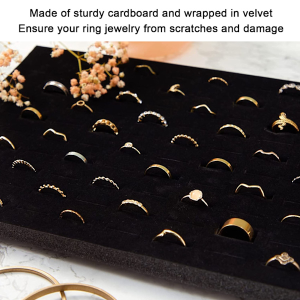 Ring Display Holder 50 Slots Sort Fløjl Rammeløs Smykke Organizer Bakke til Øreringe