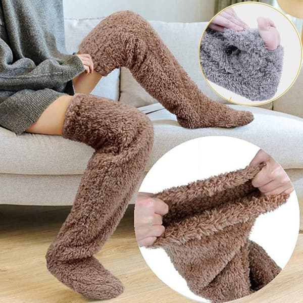 Dame Plyssede Overknæstrømper Fluffy Vinter Varme Strømper Teddy Fleece Overknæstrømper Bløde Knæstrømper til Efterår Vinter Hjemmesokker Vinterstrømper