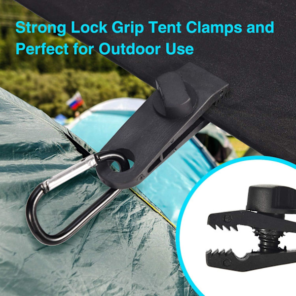 10-pack presenningklämmor utomhus presenninghållare med remspännare bungee-sladd + D-formad karbinhake för presenningar, markiser, camping, husvagn, bilskydd