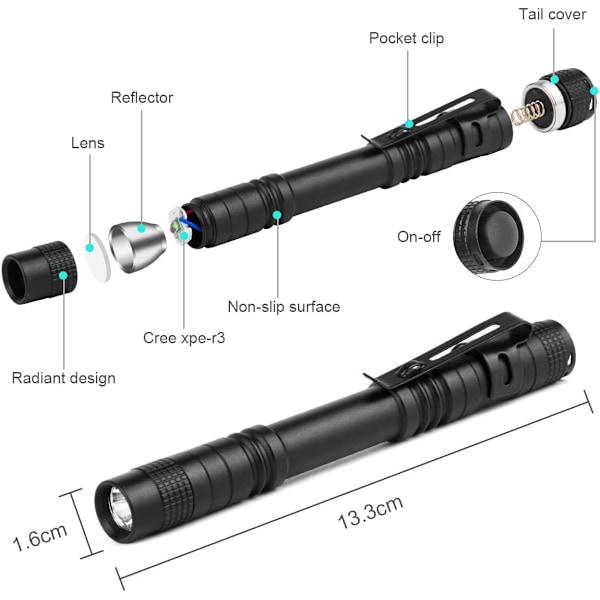 Mini LED Lommelygte, 2 STK Arbejdslampe, 200 Lumen Pen Lommelygte Bærbar Vandtæt Lommelygte til DIY, Arbejde og Nødlys, 2*AAA Batterier