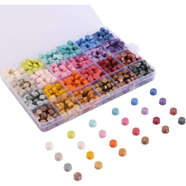 600 stämpelvax pärlor förpackade i plastbox, 24 färger oktagon stämpelvax pärlor för vaxförseglingsstämpel