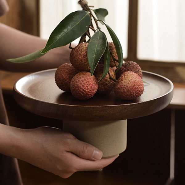 Frugtfad Retro Keramik, Træ Frugtbakke Høj Fod Frugtskål Snack Kage Display Bakke til Stue