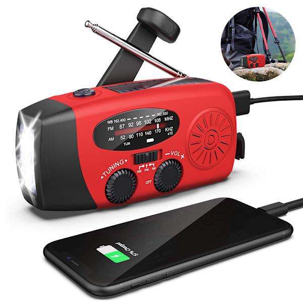 Håndsving Radio med Lommelygte til Nødsituationer, Bærbare Solcelledrevne Radioer, Selvforsynende AM/FM NOAA Vejrradio Powerbank Mobiltelefon Oplader, USB