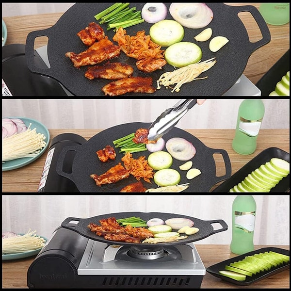 Multi-funktionel medicinsk sten grillpande non-stick pande, non-stick belægning stegepande, rund BBQ grillplade med håndtag