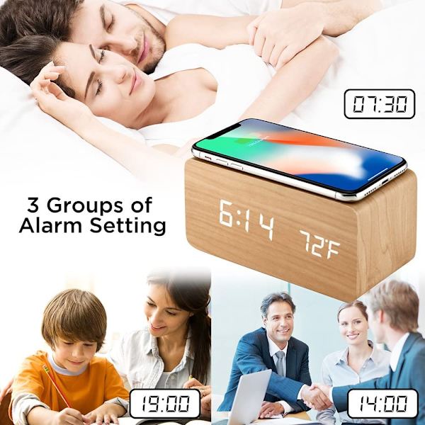 Träväckarklocka med Qi trådlös laddningsplatta kompatibel med iPhone Samsung Trä LED digital klocka Ljudstyrningsfunktion, Tid Datum, Temperatur