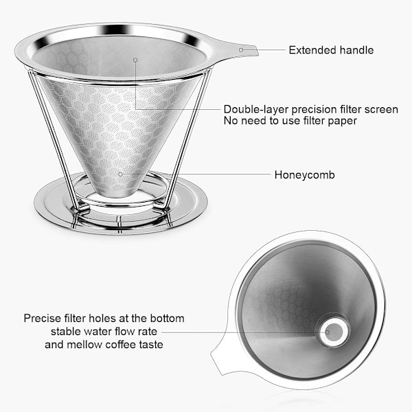 Gjenbrukbare kaffefiltre, permanent filter i rustfritt stål | Presisjonsfilter med dobbelt lag | Håndholdt kaffefilter | Kaffetrakter