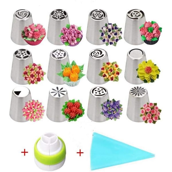 Ryska spritsmunstycken, 14-delat tårtdekoreringsset, kopplingar och påsar, professionella baktillbehör, cupcake-frostningsverktyg (14 delar)