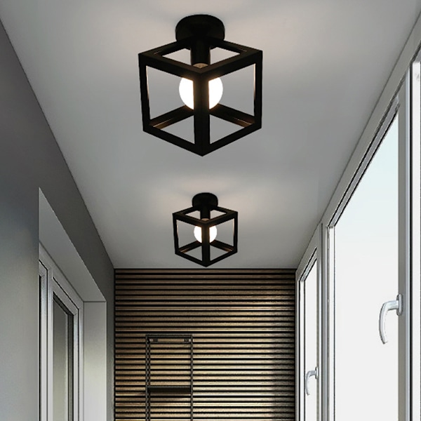 Industriell Taklampe Bur Kube Firkant Metall Jern Retro Gloss Pendellampe E27