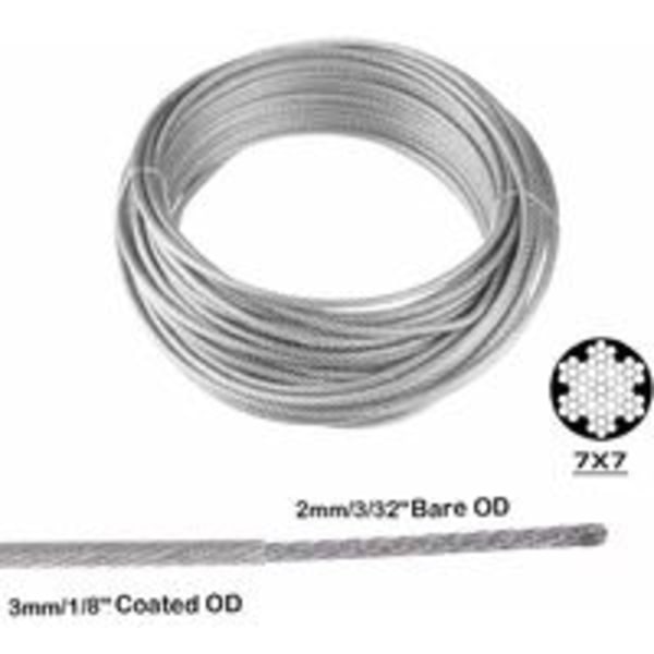 30M vajer, 3mm vajer i rostfritt stål, med 50 st aluminiumklämmor, 20 st rostfria öglor för 3mm vajer