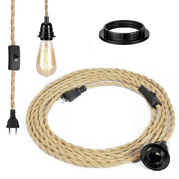 Lysekrone i tau, Retro E27-sokkel med 4,5 meter elektrisk ledning og bryter, for taupendellampe (pære er ikke inkludert)