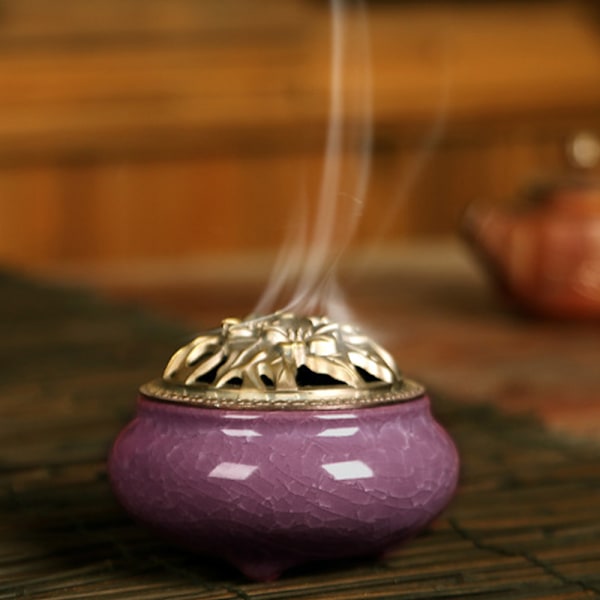 Keramisk røgelsesbrænder, kobberlåg, Buddha, antik legeringstråd, sandeltræsrøgelse, røgelse, røgelse, isknækket ovnskifte