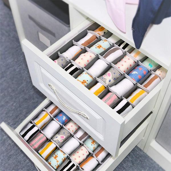 Sæt med 2 opbevaringskasser til undertøj og andre små accessories, 24-rums foldbare skuffeinddelere til opbevaring af sokker, tørklæder, bh'er