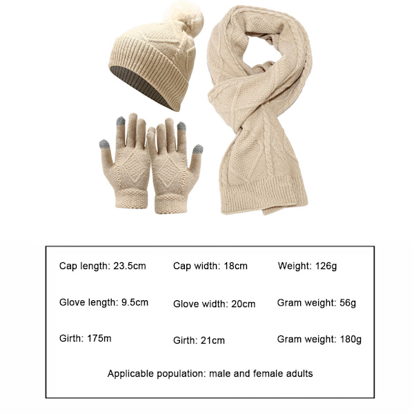 Hatt, halsduk och handskar, tredelad uppsättning, varm isolering, tjock stickad hatt