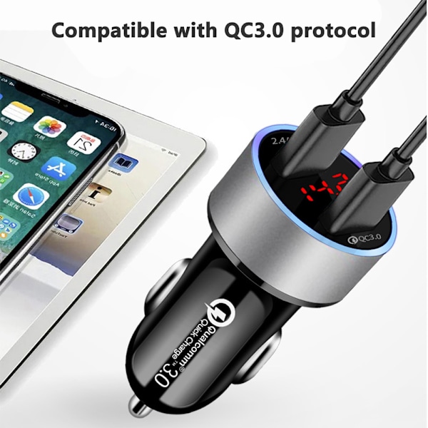 Biloplader Quick Charge 3.0 - Dobbelt USB 5.4A/30W Hurtig Biloplader Adapter - QC 3.0 3A + Smart IC 2.4A Sølv