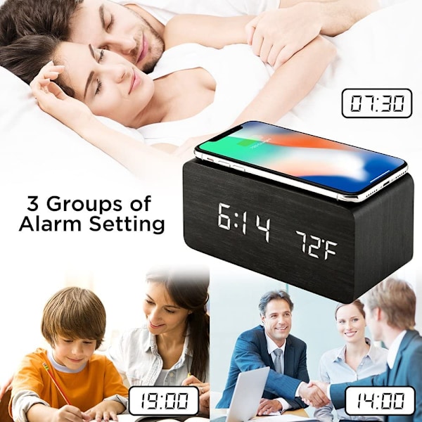 Träväckarklocka med Qi trådlös laddningsplatta kompatibel med iPhone Samsung Trä LED digital klocka Ljudkontrollfunktion, Tid Datum, Temperatur