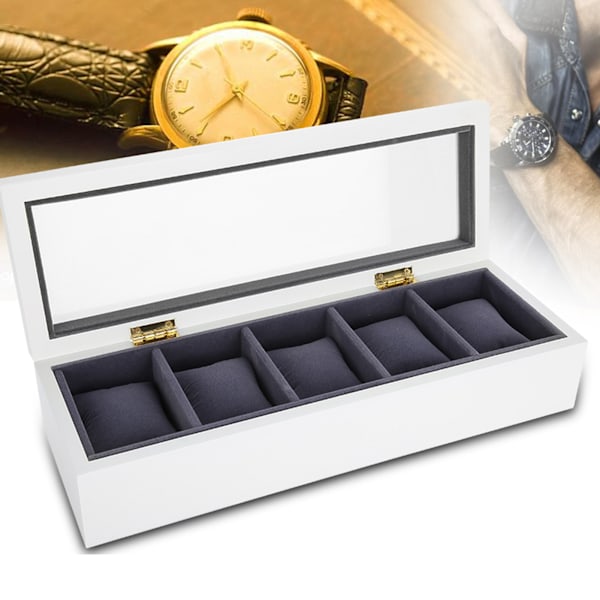 5 rum Støvlakeret Ur Display Etui Opbevaringsboks Organizer Smykke Displayboks (Hvid)