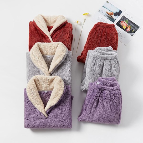 Dame Pyjamassæt med 2 Pyjamasser Lange Toppe Bukser Fleece Afslappet Sæt Komfortabel Varm Koral Fleece Pyjamas Fleece Vinter