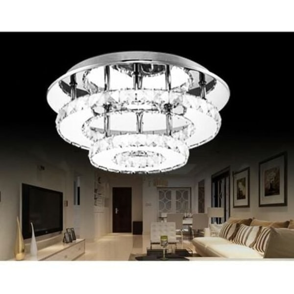Loftlampe i krystal med spejl, rustfrit stål, rund, moderne LED-lampe, lysekronebelysning 30 cm 36w hvid - Transparent