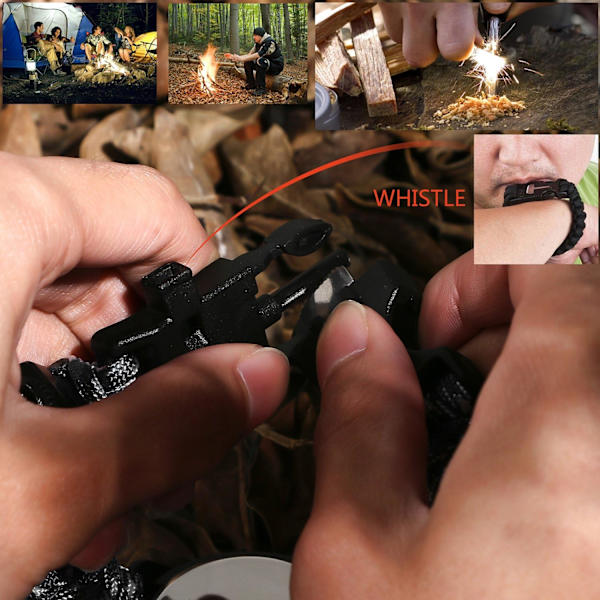 Överlevnadsarmband i paracord med klocka/vissla/tändare/skrapa/kompass och termometer, 6-i-1 multifunktionellt