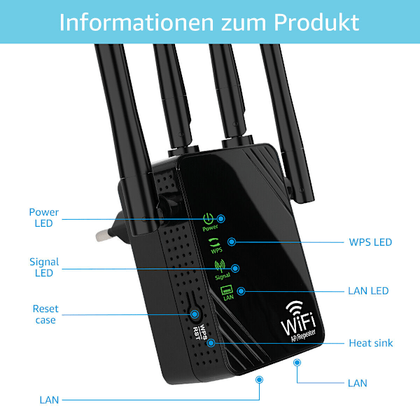 WLAN Repeater Router Rækkevidde Wifi Signal Forstærker Access Point Booster 1200Mbps