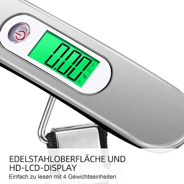 Digitala bagagevågar, bärbara hängande vågar, LCD-display med bakgrundsbelyst tareringsfunktion, praktiska för resor/familjeliv, upp till 50 kg, silver